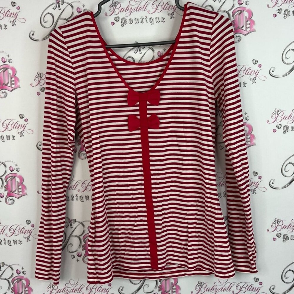 Chic by Jacob long sleeve silver sparkly red White Striped ribbon bow Top
